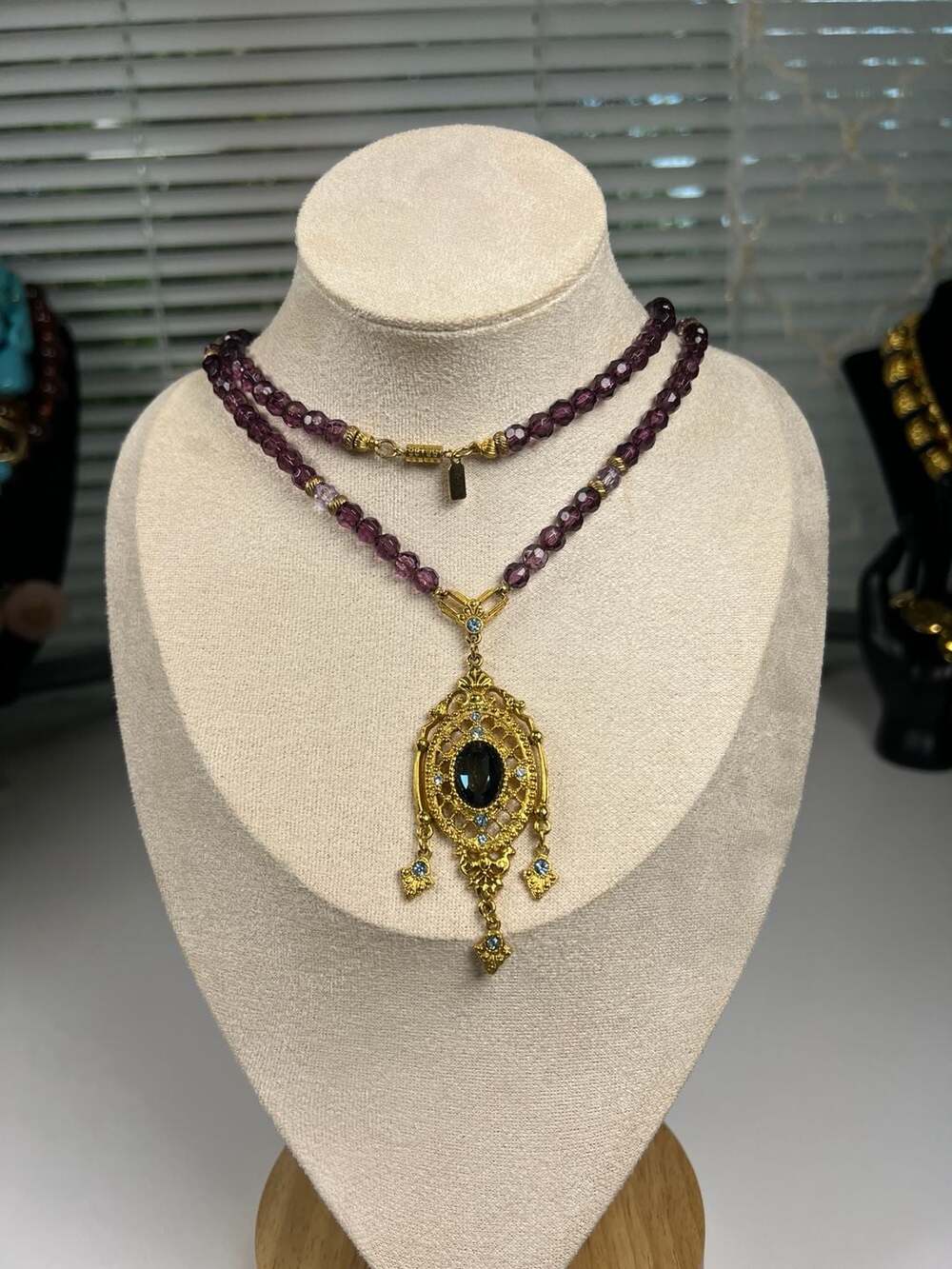 1928 Victorian Style Gold-Tone Filigree Pendant Necklace with Purple Glass Beads - Picture 3 of 5